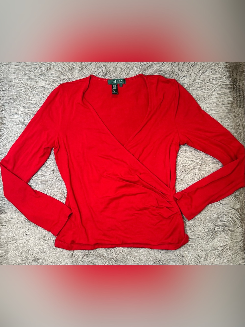 Lauren Ralph Lauren Red Faux Wrap Surplice Top Size M Long Sleeve